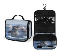 Women Hanging Toiletry Wash bag, Travel Cosmetic Bag, Makeup Organizer Brush Case, Storage with Hook 8.9x7.3 in Print A Group of Dolphins with Long Beaks Jumped out of the Water