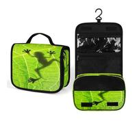Women Hanging Toiletry Wash bag, Travel Cosmetic Bag, Makeup Organizer Brush Case, Storage with Hook 8.9x7.3 in Print Frog shadow on Green Leaf