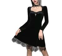 Women Harajuku Long Sleeve Lolita Streetwear A-LINE Dress Vintage Partywear Dress Gothic Velvet Lace Dress Black
