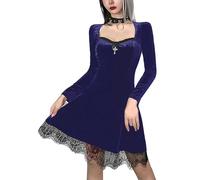 Women Harajuku Long Sleeve Lolita Streetwear A-LINE Dress Vintage Partywear Dress Gothic Velvet Lace Dress Purple