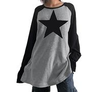 Women Harajuku Long Sleeve Shirt Y2K Skull Print Tops Long Sleeve Off Shouder Loose T Shirts Grunge Goth Clothes Grey