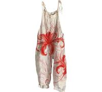 women harem jumpsuit Dungarees Wide Leg Boho Print Jumpsuit Floral Loose Fit Playsuits Cotton Linen Summer Beach Sleeveless Rompers Bib Overalls Breathable Baggy Casual Holiday Trousers Leisure Wear