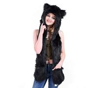 Women Hat Scarf Glove 3 In 1 Set Warm Faux Fur Hooded Cute Cartoon Animal Theme Hat Earflap Long Scarf Furry Eye-catching Trapper with Ears Paws Gift (Black)