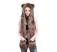 Women Hat Scarf Glove 3 In 1 Set Warm Faux Fur Hooded Cute Cartoon Animal Theme Hat Earflap Long Scarf Furry Eye-catching Trapper with Ears Paws Gift (Brown)