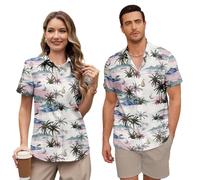 Women Hawaiian Shirt Couples Matching Tropical Flower Short Sleeve Beach Shirts