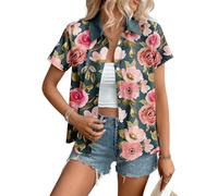 Women Hawaiian Shirt Soft Cool Summer Hawaii Tshirts Beach Tropic Print V Neck Button up Tops Floral Short Sleeve Tops (UK, Alpha, M, Regular, Regular, #3)