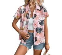 Women Hawaiian Shirt Soft Cool Summer Hawaii Tshirts Beach Tropic Print V Neck Button up Tops Floral Short Sleeve Tops (UK, Alpha, S, Regular, Regular, #1)