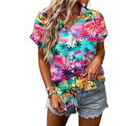Women Hawaiian Shirt Soft Cool Summer Hawaii Tshirts Beach Tropic Print V Neck Button up Tops Floral Short Sleeve Tops, Colour, XL