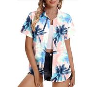 Women Hawaiian Shirts Plus Size Soft Cool Floral Tropic Print Hawaii Shirt V Neck Short Sleeve Button Down Oversized T-Shirt Summer Beach Vacation Outfits Blouse Tunic Tops Ladies UK Sale