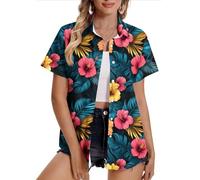 Women Hawaiian Shirts Plus Size Soft Cool Floral Tropic Print Hawaii Shirt V Neck Short Sleeve Button Down Oversized T-Shirt Summer Beach Vacation Outfits Blouse Tunic Tops Ladies UK