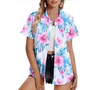 Women Hawaiian Shirts Plus Size Soft Cool Floral Tropic Print Hawaii Shirt V Neck Short Sleeve Button Down Oversized T-Shirt Summer Beach Vacation Outfits Blouse Tunic Tops Ladies UK