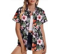 Women Hawaiian Shirts Plus Size Soft Cool Floral Tropic Print Hawaii Shirt V Neck Short Sleeve Button Down Oversized T-Shirt Summer Beach Vacation Outfits Blouse Tunic Tops Ladies UK