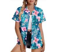 Women Hawaiian Shirts Plus Size Soft Cool Floral Tropic Print Hawaii Shirt V Neck Short Sleeve Button Down Oversized T-Shirt Summer Beach Vacation Outfits Blouse Tunic Tops Ladies UK