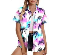 Women Hawaiian Shirts Plus Size Soft Cool Floral Tropic Print Hawaii Shirt V Neck Short Sleeve Button Down Oversized T-Shirt Summer Beach Vacation Outfits Blouse Tunic Tops Ladies UK