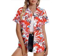 Women Hawaiian Shirts Plus Size Soft Cool Floral Tropic Print Hawaii Shirt V Neck Short Sleeve Button Down Oversized T-Shirt Summer Beach Vacation Outfits Blouse Tunic Tops Ladies UK Sale