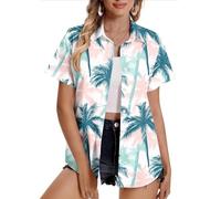 Women Hawaiian Shirts Plus Size Soft Cool Floral Tropic Print Hawaii Shirt V Neck Short Sleeve Button Down Oversized T-Shirt Summer Beach Vacation Outfits Blouse Tunic Tops Ladies UK