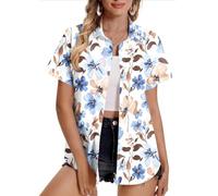 Women Hawaiian Shirts Plus Size Soft Cool Floral Tropic Print Hawaii Shirt V Neck Short Sleeve Button Down Oversized T-Shirt Summer Beach Vacation Outfits Blouse Tunic Tops Ladies UK