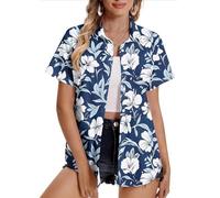 Women Hawaiian Shirts Plus Size Soft Cool Floral Tropic Print Hawaii Shirt V Neck Short Sleeve Button Down Oversized T-Shirt Summer Beach Vacation Outfits Blouse Tunic Tops Ladies UK