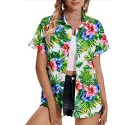 Women Hawaiian Shirts Plus Size Soft Cool Floral Tropic Print Hawaii Shirt V Neck Short Sleeve Button Down Oversized T-Shirt Summer Beach Vacation Outfits Blouse Tunic Tops Ladies UK