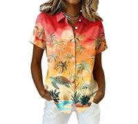 Women Hawaiian Soft Cool Summer Hawaii Shirts Floral Tropic Print V Neck T-Shirt Short Sleeve Button Up Tops