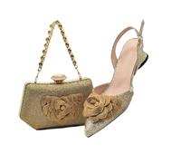 Women Heel Party Ladies Italian Design Shoes And Bag Set Decorated With Rhinestone Handbag Wedding Party Gold For Set 7.5