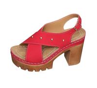 Women Heeled Sandals Hollow Breathable Platform Heels Metallic Cross Strap Chunky Heel Comfortable Open Toe Orthopedic Pumps Beach Wide Casual Cushioned Shoes Trendy Back-Strap Footwear (Red, 6)