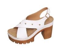 Women Heeled Sandals Hollow Breathable Platform Heels Metallic Cross Strap Chunky Heel Comfortable Open Toe Orthopedic Pumps Beach Wide Casual Cushioned Shoes Trendy Back-Strap (White, 4.5)