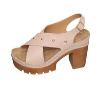 Women Heeled Sandals Hollow Breathable Platform Heels Metallic Cross Strap Chunky Heel Comfortable Open Toe Orthopedic Pumps Beach Wide Casual Cushioned Shoes Trendy Back-Strap (Beige, 4.5)