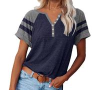 Women Henley Raglan Short Sleeve Tops Color Block Summer Tee Shirts Button Down Y2K Casual T-Shirts, 1 Dark Blue, M