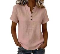 Women Henley Shirts Short Sleeve V Neck Button Down Blouses Casual Loose Fit Summer Textured Tunic Tops, Pink, L (l)