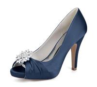 Women High Heel Platform Wedding Shoes for Bride Peep Toe Rhinestones Dress Pumps Satin Evening Party Court Shoes 718-1Y,Navy,4 UK