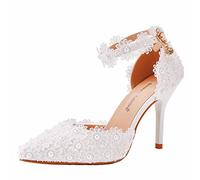 Women High Heel Pumps Pointed Closed Toe Sandals with Floral Lace Pearls Strap Stiletto Heels Bridal Wedding Dress Shoes 3.75'', White, 6 UK