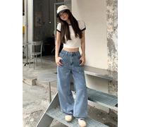 Women High Waist Bow Print Wide Leg Jeans, Curve Flattering Light Blue Cotton Blend Denim, Casual Trendy Juniors Denim Pants
