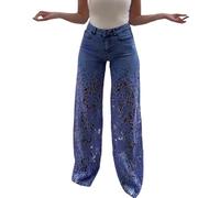 Women High Waist Lace Patchwork Stretchy Jeans Loose Fit High Elasticity Hollow Out Oversized Wide Leg Trousers Denim Spring Summer Lace Floral Print Street Style Baggy Jeans