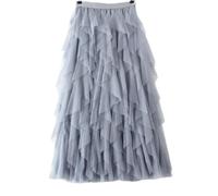 Women High Waist Ruffle MESH Tutu Maxi Skirt Sheer Net Tulle Pleated Long Skirt (as8, Alpha, m, Regular, Regular, Grey)