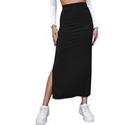 Women High Waist Split Midi Skirt Casual Solid Ribbed Knit Bodycon Maxi Skirts Stretchy Side Slit Pencil Long Skirt (Black, XL)