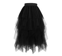 Women High Waist Tulle Tutu Skirt Mesh Layered Pleated A-Line Midi Skirt Summer Casual Solid Color Mesh Dress Gauze Tiered Swing Skirts Elastic Waisted Dance Prom Party Skirts Black
