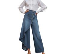 Women High Waist Wide Leg Jeans Asymmetric Button Front Loose Denim Trousers Casual Solid Color Wrap Style Pants Ladies Fashion Bottoms