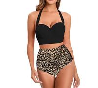 Women High Waisted Bikini Hard Roll Sexy Push Up Two Piece Swimsuits Vintage Swimsuit Two Piece Retro Ruched High Waist Print Bikini Set Postpartum Swimsuit Top (Khaki, L)
