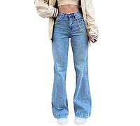 Women High Waisted Tummy Control Flared Fit Jeans Washed Distressed Long Denim Pants Bell Bottoms(UK 18/Tag 3XL,Light Blue)