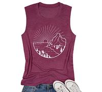 Women Hiking Mountain Shirt Nature Sunrise Graphic Printed Hiking T Shirt Summer Short Sleeve Workout Tee top, C Tank-purple, L