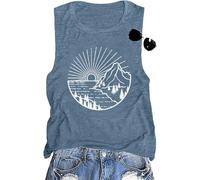 Women Hiking Mountain Shirt Nature Sunrise Graphic Printed Hiking T Shirt Summer Short Sleeve Workout Tee top, C Tank-ink Blue, L