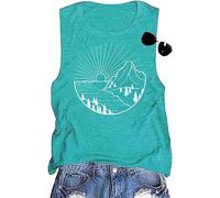 Women Hiking Mountain Shirt Nature Sunrise Pine Tree Graphic Printed Short Sleeve O Neck Regular Fit Workout Casual Tee Tops, Mint Green a, L