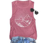 Women Hiking Mountain Shirt Nature Sunrise Pine Tree Graphic Printed Short Sleeve O Neck Regular Fit Workout Casual Tee Tops, Red a, L