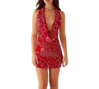 Women Hlater Sequin Beaded Mini Dress Y2K Sparkle Rhinestone Cami Dress Glitter Sleeveless Short Dresses Club Party (Red, L)