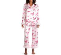 Women Holiday Feather Trim Pajamas Cute Bow Print Silk Satin Pjs 2 Piece Long Sleeve Shirts and Pj Pants Lounge Set (Ivory, XL)