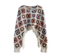 Women Hollow Out Embroider Tassels Flower Long Sleeve Pullover Granny Square Front Sweater Crop Tops Thin, Pale Apricot, One size