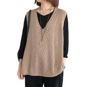 Women Hollow Out Vest Jacket Loose Mesh Sleeveless Knitting Waistcoat Khaki M