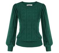 Women Hollowed Out Sweater Crew Neck Puffed Long Sleeve Daily Loose Fit Jumper Wine Dark Green M