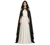 Women Hooded Medieval Elven Cape Full Length Off Shoulder Fairy Cloak | Built-in hood,soft lightweight fabric,off-shoulder style,full-length,great for elven halloween party cosplay